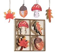 Valery Madelyn 12pcs 6cm Autumn Decorations, Wooden Hanging Tree Ornaments with with Maple Leaves, Acorn and Mushroom,Pendants for Harvest Fall or Halloween Home Decor