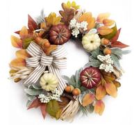 Valery Madelyn 18 inch Autumn Wreath for Front Door, Fall Wreath Decorations with Orange White Pumpkin, Berry Clusters, Pine Cone, Eucalyptus Leaves and Bow Knot for Indoor Home Wall Autumn Decor