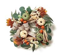 Valery Madelyn 18 inch Autumn Wreath for Front Door, Fall Wreath Decorations with White Green Pumpkin, Berry Clusters, Pine Cone,Eucalyptus Leaves and Bow Knot for Indoor Home Wall Autumn Decor