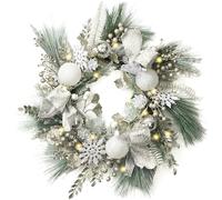 Valery Madelyn 18inch/45cm Light Up Christmas Wreath for Front Door, Pre Lit Christmas Wreath White and Silver, Xmas Reef with 15 Led Lights and Ribbon for Outdoor Christmas Decoration