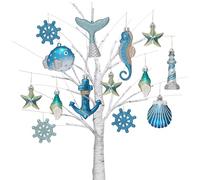 Valery Madelyn 20ct Summer Tree Ornaments Christmas in July Decorations | Teal Aqua Light Blue Silver Shatterproof Beach Coastal Ocean Themed Nautical Marine Seahorse Hanging Balls for Tropical Party