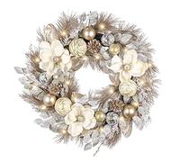 Valery Madelyn 24'' Pre-Lit Christmas Wreath for Front Door with Lights, Large Lighted Outdoor Christmas Wreath with Champagne Gold Xmas Balls Magnolia for Home Porch Fireplace Window Holiday Decor
