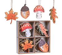 Valery Madelyn 24pcs 6cm Autumn Decorations, Wooden Hanging Tree Ornaments with with Maple Leaves, Acorn and Mushroom,Pendants for Harvest Fall or Halloween Home Decor