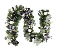 Valery Madelyn 6 feet Pre Lit Mardi Gras Garland for Mantle with Lights, Lighted Xmas Garland with Black White Balls for Front Door Fireplace Table Centerpiece Outdoor Party Decoration