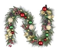 Valery Madelyn 6 Ft Pre-Lit Christmas Garland with Light for Mantle, Lighted Outdoor Xmas Garland with Red Green Gold Ball Norfolk Pine for Home Stairs Fireplace Table Centerpiece Indoor Holiday Decor