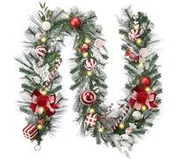 Valery Madelyn 9 Feet Pre-Lit Christmas Garland with Lights for Mantle, Lighted Outdoor Xmas Garland with Candy Red White Balls & Bows for Home Stairs Fireplace Table Centerpiece Indoor Holiday Decor