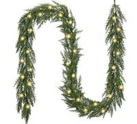 Valery Madelyn 9ft/275cm Christmas Garland with Lights, Pre Lit Norfolk Pine, Faux Cedar, Green, Xmas Faux Cedar Garland Real Touch Decorations for Stairs, Fireplace, Outdoor