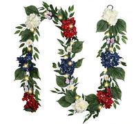 Valery Madelyn 9FT Patriotic Hydrangeas Garland with Lights for Mantle, Red White Blue Summer Floral Daisy Garland with Eucalyptus Leaves Butterfly for 4th of July Independence Day Decor