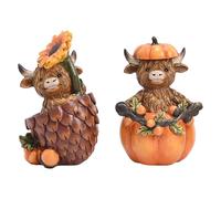 Valery Madelyn Autumn Decorations, Set of 2 Fall Highland Cows Ornaments with Pumpkin, Pinecone, Resin Halloween Decor for Yaks Gifts, Fall Decorations for Living Room, Bedroom, Garden, 11CM