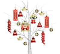 Valery Madelyn Chinese New Year Decorations Hanging Ornaments for Small Tree, 24ct Shatterproof Lion Dance Fu Character Gold Ingot Red Chinese Knots Copper Coin Lunar New Year Balls Bulk