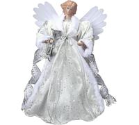 Valery Madelyn Christmas Angel Tree Topper Decorations, Silver and White Angel Tree Top Figurine with Warm LED Lights, Battery Operated for Christmas Tree Decoration, 10Inch/26cm