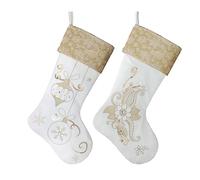 Valery Madelyn Christmas Stockings Decorations, 21 Inch Fabric 2 Pack White Gold Flowers Embroidery Plush Personalized Fireplace Hanging Ornament for Holiday Xmas Party Decor