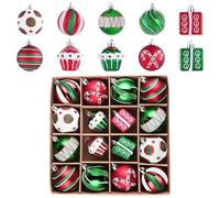 Valery Madelyn Christmas Tree Ornaments Set, 16ct Candy Cane Red Green White Shatterproof Christmas Tree Decorations Bulk, 2.36 Inch Decorative Hanging Ball Ornaments for Xmas Trees Holiday Decor