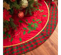 Valery Madelyn Christmas Tree Skirt for Tree Decorations, 36 Inch Fabric Traditional Red Green Gold Small Xmas Velvet Tree Skirt with Holly Leave Pattern & Tartan Trim Tree Merry Christmas Party Decor