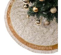 Valery Madelyn Christmas Tree Skirt for Tree Decorations, 36 Inch Fabric White Gold Small Xmas Velvet Tree Skirt with Embroidery Baroque Pattern & Pleated Border for Tree Merry Christmas Party Decor
