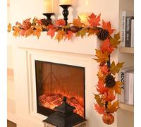 Valery Madelyn Fall Maple Leaves Garlands for Mantle, 6ft Thanksgiving Decor Garlands with Pumpkins Lights for Table Centerpiece, Harvest Decorations for Home Mantle Fireplace Outdoor Decor-Orange