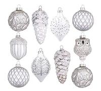 Valery Madelyn Glass Christmas Ornaments Set, 10ct White and Silver Hanging Ornaments for Christmas Trees, Mercury Winter Wonderland Forest Xmas Decorations Ball Ornaments Bulk for Holiday Decor