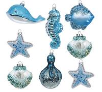 Valery Madelyn Glass Summer Beach Ornaments Set, 8ct Light Blue and Silver Blown Glass Christmas in July Tree Decorations, Coastal Ocean Nautical Marine Xmas Hanging Finial Balls Bulk Holiday Decor