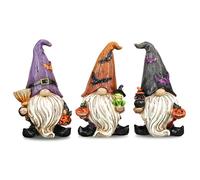 Valery Madelyn Gnomes Halloween Decorations Indoor, 3 Pcs Resin Gnome Decor for Home with Bat Witch Hat, Halloween Figurines Elf Dwarf with Broom Jack O Lantern for Table Tiered Tray Outdoor, 3.6"
