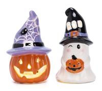 Valery Madelyn Halloween Decorations Indoor for Home, 2Pcs Ceramic Halloween Figurines with Light, Orange Jack o Lantern & White Ghost Decor with Spider Web Witch Hat for Table Tiered Tray, 4.1Inch