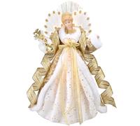 Valery Madelyn Lighted Christmas Tree Topper Angel with Timer, 16 Inch Luxury White Gold Fabric Small Angel Tree Topper with Lights for Christmas Tree Decoration Indoor, Battery Operated