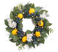 Valery Madelyn Summer Artificial Lemon Wreaths for Front Door with Lights, Spring Summer Door Wreath with Eucalyptus Greenery Leaves Blueberry for Farmhouse Fall Home Kitchen Party Wall Decor-14''