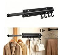 Valet Rod for Closet Pull Out - Retractable Slide Out Rod for Hanging Clothes with 4 Detachable Hooks, Space Saving, Clothes Rail Wall Mounted, Adjustable Wardrobe Rail, Heavy Duty Closet Rods