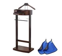 Valet Stand Multifunctional Clothes Hanger, Solid Wood Floor Standing Coat Rack with Trousers Hanger and Storage Compartment, 43.1 x 34.2 x 106.6 cm