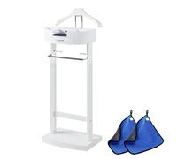 Valet Stand Multifunctional, Floor Standing Clothes Valet, Solid Wood Suit Hanger, Coat Rack with Trousers Hanger and Storage Compartment, 43.1 x 34.2 x 106.6 cm, White