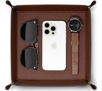 Valet Tray for Men Women, Nightstand Organizer Vanity Catchall Holder for Dresser Desk Storage Bedside, Travel PU Leather Jewelry Key Bowl Coin Watches and Candy Entryway Tray - Large, Brown