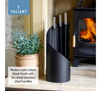 Valiant Fireside Companion Tool Set Includes Ash Brush, Coal Shovel, Log Poker & Decorative Stand in Black Valiant Black