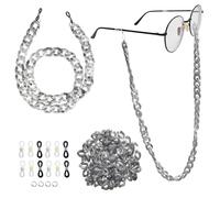Valicaer 2 Pcs DIY Women's Glasses Chain Neck Strap Buckle kit-Adjustable Acrylic chain,Anti-Lost Sunglasses Lanyard with 12 Silicone Eyeglass Connector,4 Steel Jump Rings(Light Grey)