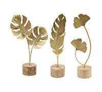 Valicaer 3PCS Gold Ornaments Set, Living Room Decor & Shelf Ornaments - Double Ginkgo Leaf, Feather & Double Turtleback Leaf Metal Sculptures with Wooden Base