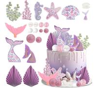 Valicaer Mermaid Cake Decorations,22Pcs Mermaid Cake Topper Happy Birthday Cake Decoration Mermaid Tail Pink Balls Palm Leaf Under the Sea Cake Toppers for Kids Mermaid Theme Party Cake Decor Supplies