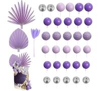 Valicaer Purple Cake Decoration,38Pcs Purple Disco Ball Cake Topper Silver Palm Leaves Cake Decoration Ball Cake Topper Decor Birthday Cake Decoration for 70s 80s Disco Dance Wedding Party Supplies