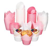 VALICLUD 200pcs Cupcake Liners Baking Paper Cups Set Small Muffin Wrappers with Smooth High-Temperature Resistant Surface White Pink Tulip Design for Baking Cakes and Party Desserts