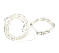 VALICLUD 2pcs Adjustable Dog Pearls Collar and Leash Set for Puppy Safe Daily Wear and Outdoor Walking, White Pu Leather with Faux Pearls Decoration, Sweet Lovely Style