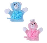 VALICLUD 2pcs Cartoon Children Bath Scrubber Towels for Babies, Soft Exfoliating Bath Skin Scrubbers with Foaming Shower Flower, Pink Rabbit and Blue Bear for Home Use Bathing