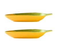 VALICLUD 2Pcs Hand-Painted Ceramic Corn on The Cob Plates, Large Snack Serving Platters for Dining Table, Dishwasher and Oven Safe Fruit and Dip Serving Trays
