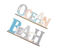 VALICLUD 2Pcs Wooden Mediterranean Style Beach Signs Blue Ocean Print, Coastal Home Decor Letters for Living Room and Party Decoration