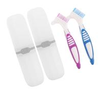 VALICLUD 2Sets Portable Denture Cleaning Brush Set Travel Supply with Dual Ended Design for Oral Care Includes Purple Blue Toothbrush Holders for Home Travel Use