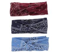 VALICLUD 3pcs Bohemia Floral Printed Headband Set for Women Twisted Wide Hair Wraps Light Blue Burgundy Non Slip Comfortable for Yoga Running and Daily Wear