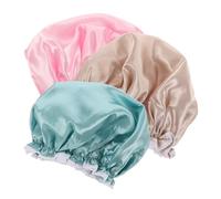 VALICLUD 3pcs Double Layer Satin Shower Caps Large PE Bathing Caps for Women Washable Reusable Hair Covers in Lake Blue Khaki and Light Pink