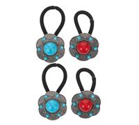 VALICLUD 4pcs Bohemian Flower Hair Ties with Colored Stones Strong Elastic Decorative Ponytail Holders for Women Ethnic Lotus Floral Design in Blue and Red for No Damage Hair Styling