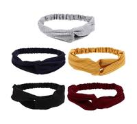 VALICLUD 5 Pcs Stretchy Knitted Cotton Headbands for Women Elastic Cross Hair Wraps in Grey Black Mustard Wine Red Navy Soft Comfortable Hairbands for Yoga Makeup Hiking Everyday Use