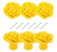 VALICLUD 6pcs Yellow Rose Flower Ceramic Cabinet Door Knobs Single Hole Handles for Wardrobe Drawer, Modern Simple Colored Pulls for Kitchen Furniture