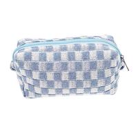 VALICLUD Checkered Makeup Bag Large Capacity Woolen Yarn Cosmetic Pouch with Zipper Handle Portable Toiletries Bag for Girls Travel Daily Storage (Blue White