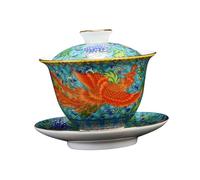 VALICLUD Chinese Style Ceramic Tea Cup Set with Lid Retro Enamel Teaware for Home and Office Decorative Green Phoenix Tea Bowl Multi-use Household Drinking Cup
