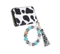 VALICLUD Compact Cow Print Card Holder Wallet with Beaded Wristlet and Keychain Credit Card Organizer for Womens Travel and Daily Use Lightweight Stylish Purse Gift