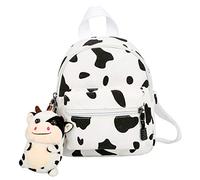 VALICLUD Mini Canvas Daypack with Plush Cow Pendant Cow Print Backpack Adorable Backpack for Women Lady Girls Outdoor Travel Shopping (White)